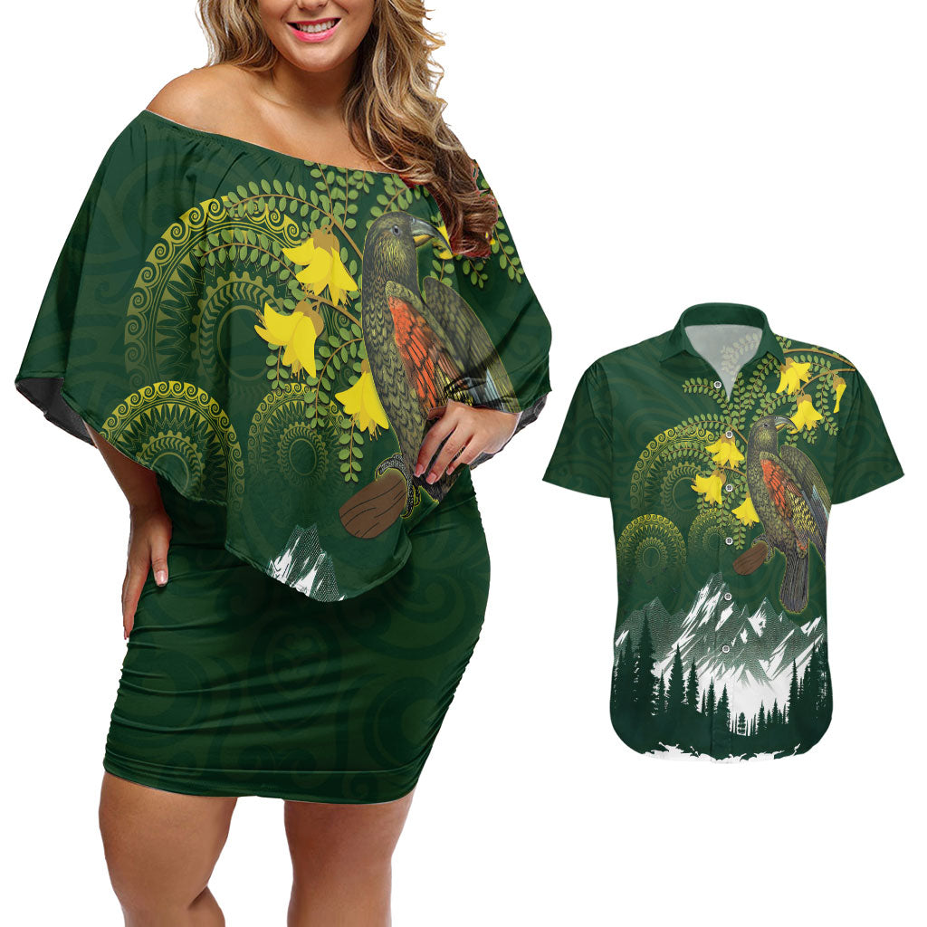 Kea Bird Kowhai New Zealand Couples Matching Off Shoulder Short Dress and Hawaiian Shirt Mountain Landscape Maori Art