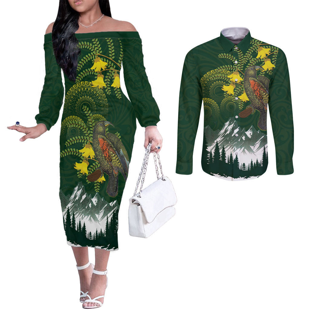 Kea Bird Kowhai New Zealand Couples Matching Off The Shoulder Long Sleeve Dress and Long Sleeve Button Shirt Mountain Landscape Maori Art LT22 Green - Polynesian Pride