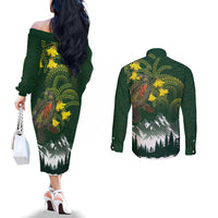 Kea Bird Kowhai New Zealand Couples Matching Off The Shoulder Long Sleeve Dress and Long Sleeve Button Shirt Mountain Landscape Maori Art LT22 - Polynesian Pride
