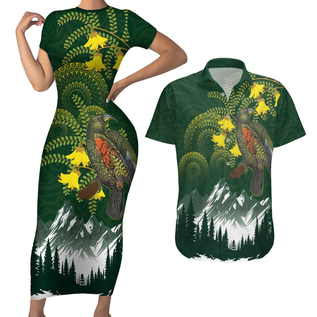 Kea Bird Kowhai New Zealand Couples Matching Short Sleeve Bodycon Dress and Hawaiian Shirt Mountain Landscape Maori Art