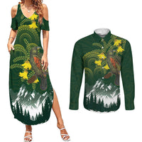 Kea Bird Kowhai New Zealand Couples Matching Summer Maxi Dress and Long Sleeve Button Shirt Mountain Landscape Maori Art LT22 Green - Polynesian Pride