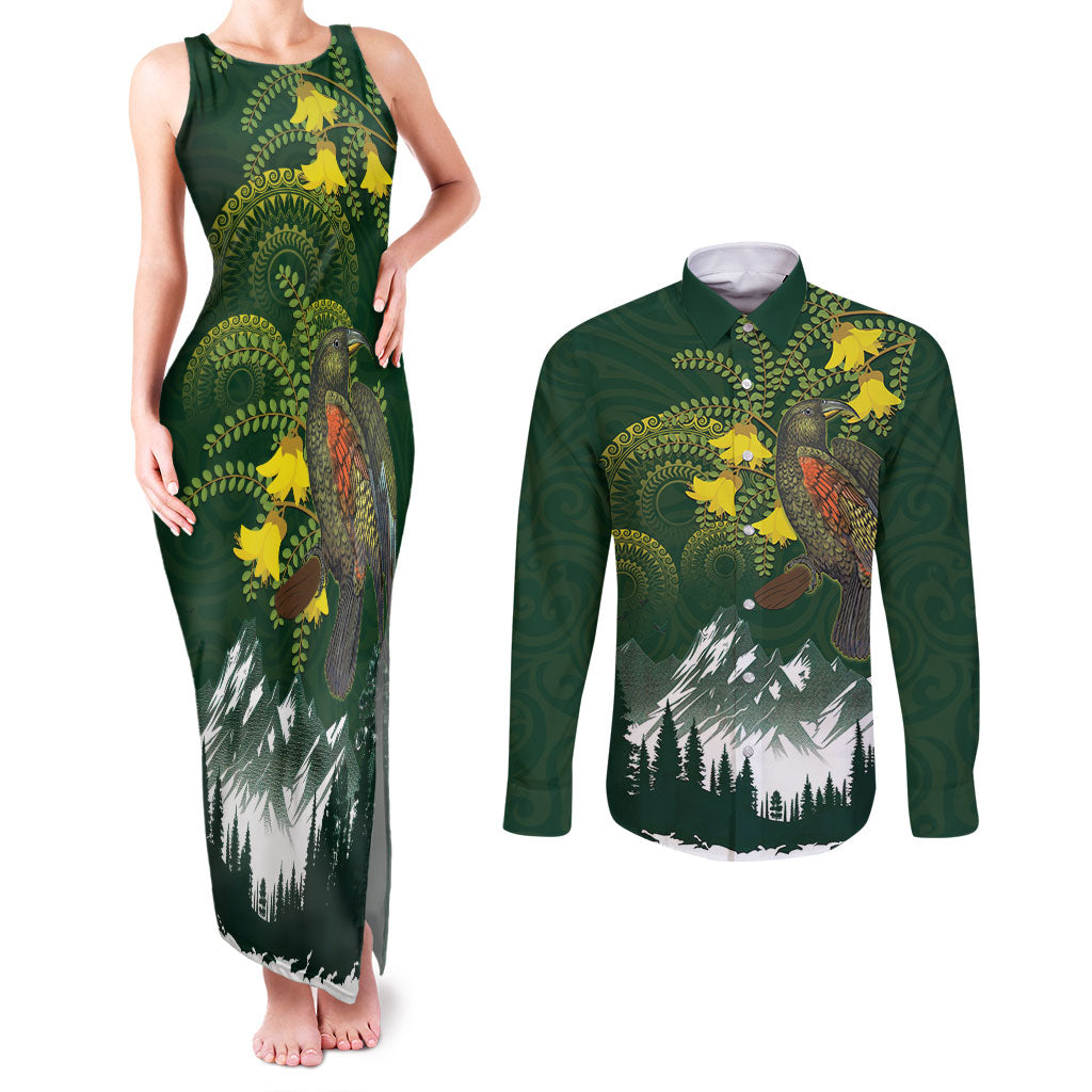 Kea Bird Kowhai New Zealand Couples Matching Tank Maxi Dress and Long Sleeve Button Shirt Mountain Landscape Maori Art