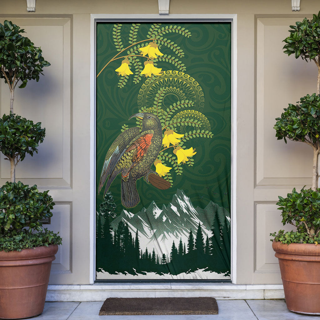 Kea Bird Kowhai New Zealand Door Cover Mountain Landscape Maori Art LT22 Green - Polynesian Pride
