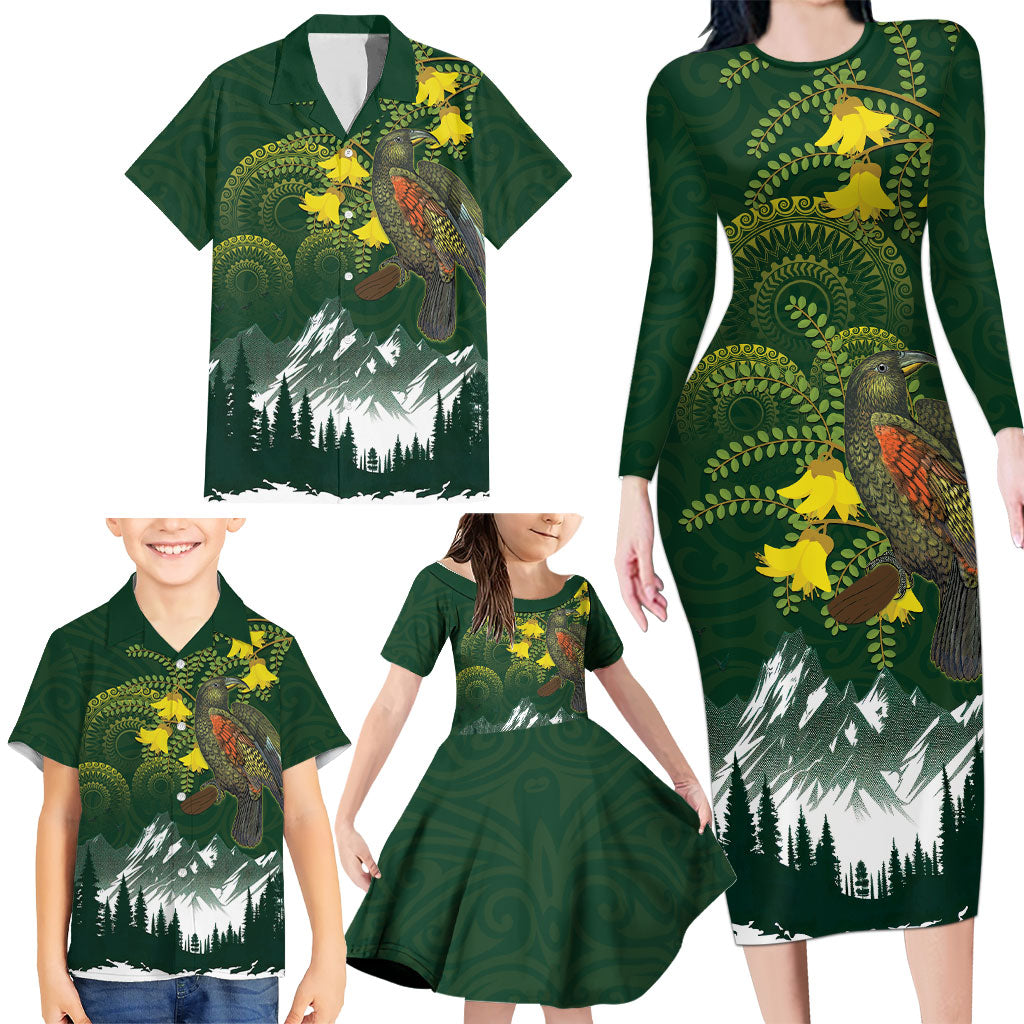 Kea Bird Kowhai New Zealand Family Matching Long Sleeve Bodycon Dress and Hawaiian Shirt Mountain Landscape Maori Art LT22 - Polynesian Pride