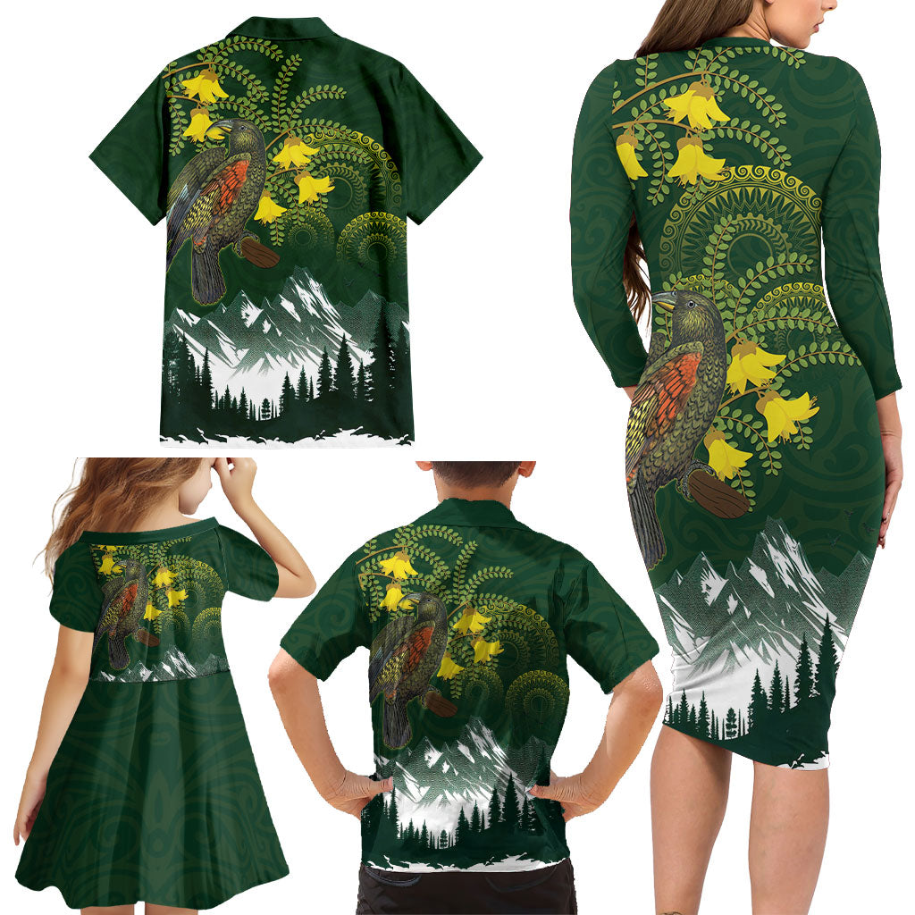 Kea Bird Kowhai New Zealand Family Matching Long Sleeve Bodycon Dress and Hawaiian Shirt Mountain Landscape Maori Art LT22 - Polynesian Pride