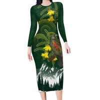 Kea Bird Kowhai New Zealand Family Matching Long Sleeve Bodycon Dress and Hawaiian Shirt Mountain Landscape Maori Art LT22 Mom's Dress Green - Polynesian Pride
