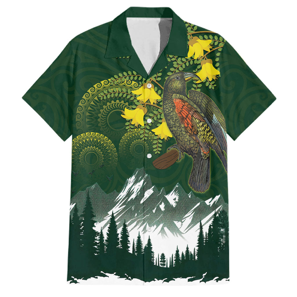 Kea Bird Kowhai New Zealand Family Matching Off Shoulder Maxi Dress and Hawaiian Shirt Mountain Landscape Maori Art LT22 Dad's Shirt - Short Sleeve Green - Polynesian Pride