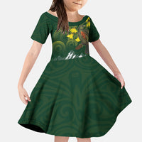 Kea Bird Kowhai New Zealand Family Matching Puletasi and Hawaiian Shirt Mountain Landscape Maori Art LT22 Daughter's Dress Green - Polynesian Pride