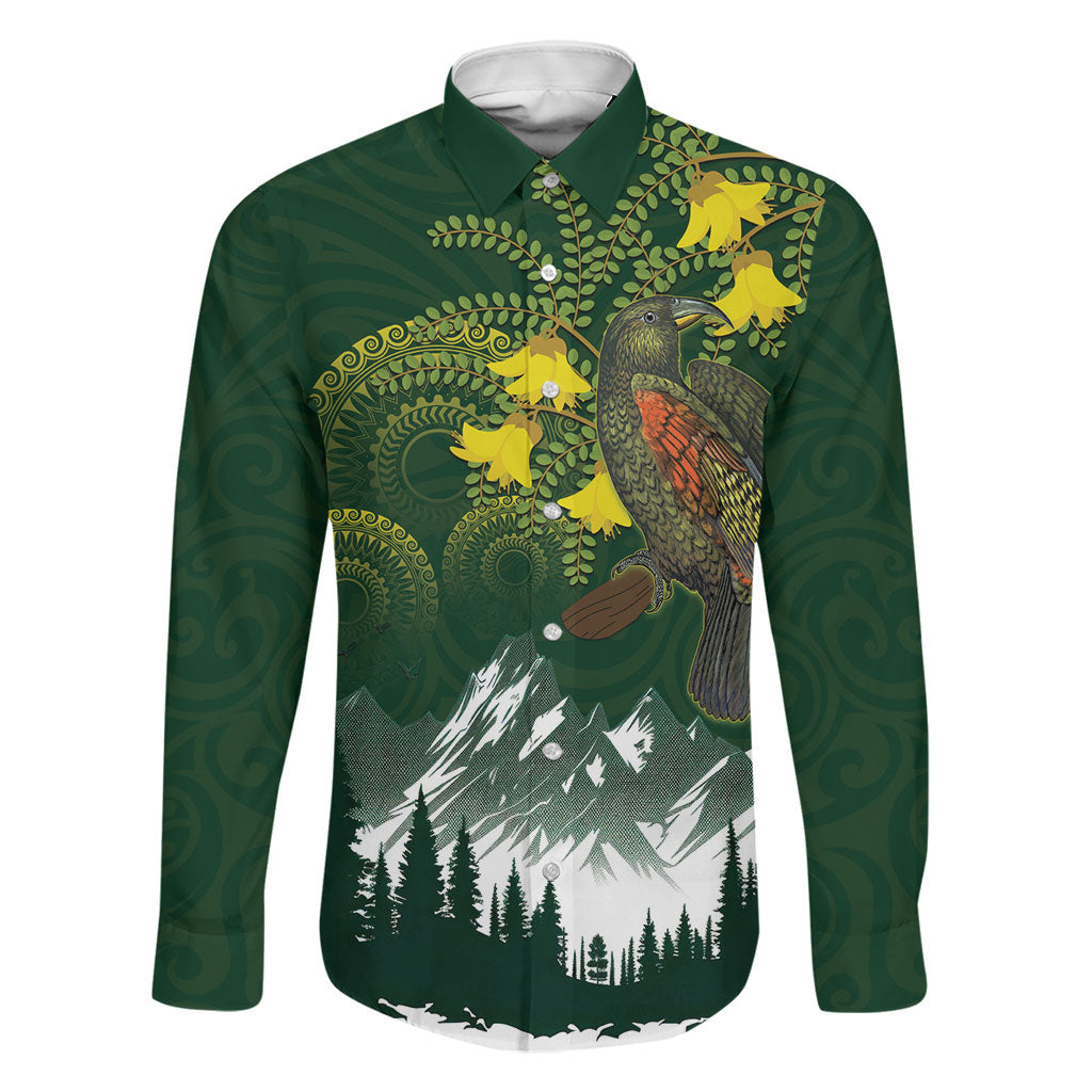 Kea Bird Kowhai New Zealand Family Matching Puletasi and Hawaiian Shirt Mountain Landscape Maori Art LT22 Dad's Shirt - Long Sleeve Green - Polynesian Pride