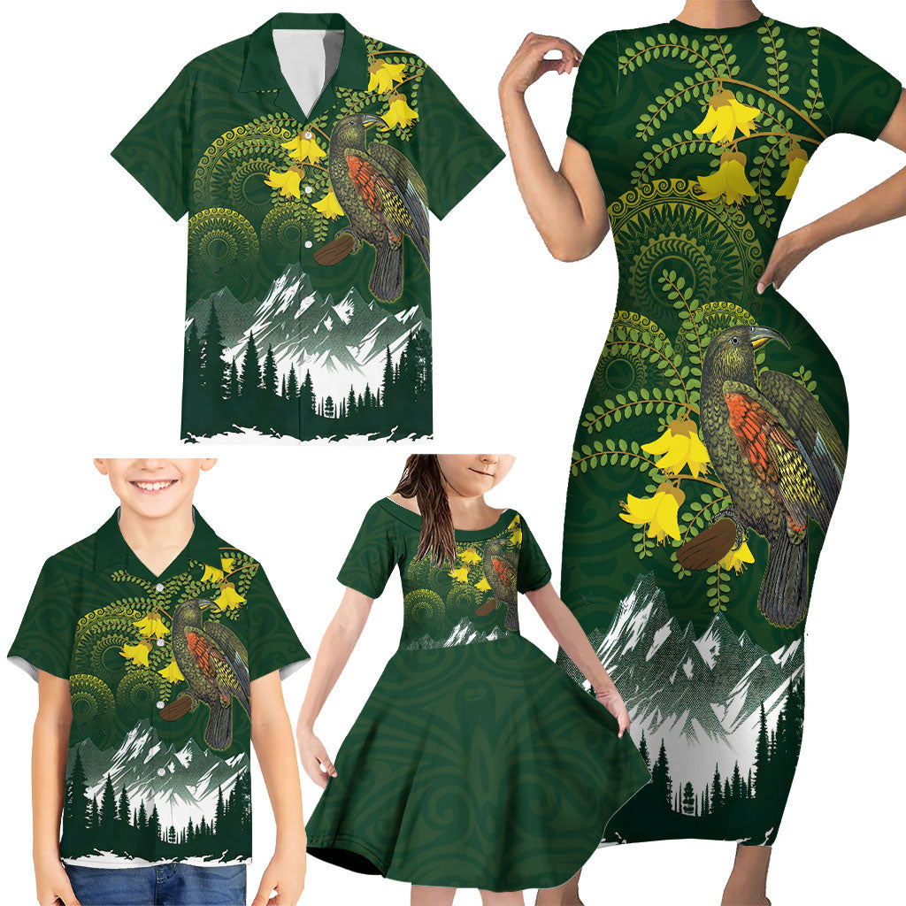 Kea Bird Kowhai New Zealand Family Matching Short Sleeve Bodycon Dress and Hawaiian Shirt Mountain Landscape Maori Art LT22 - Polynesian Pride