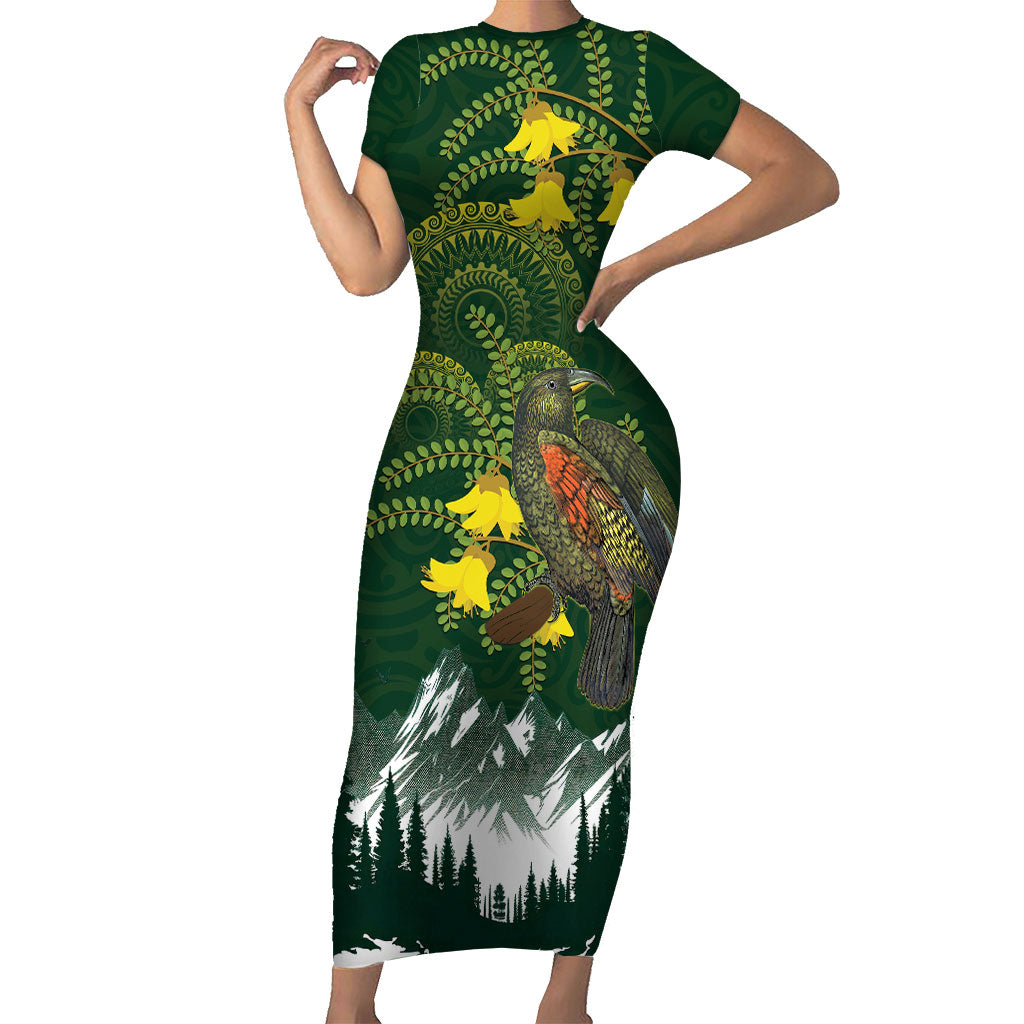 Kea Bird Kowhai New Zealand Family Matching Short Sleeve Bodycon Dress and Hawaiian Shirt Mountain Landscape Maori Art LT22 Mom's Dress Green - Polynesian Pride