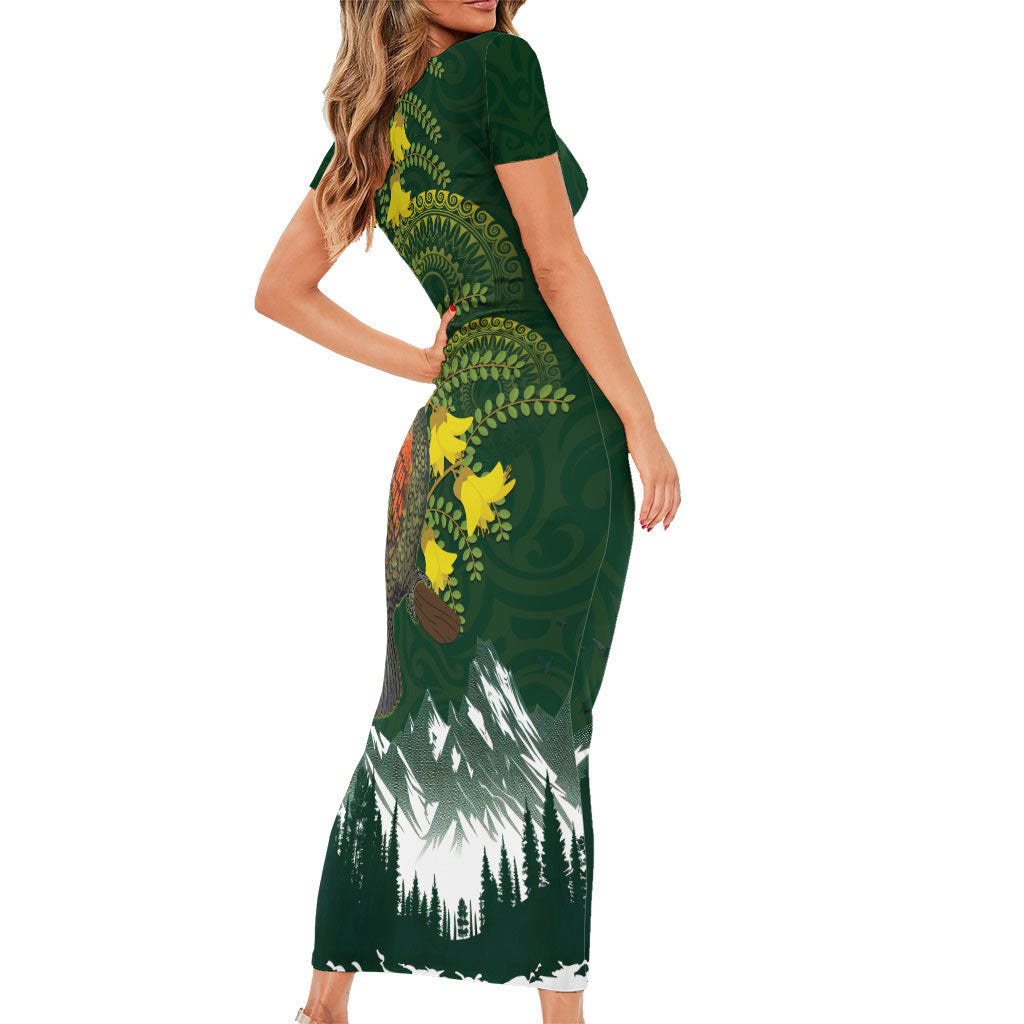 Kea Bird Kowhai New Zealand Family Matching Short Sleeve Bodycon Dress and Hawaiian Shirt Mountain Landscape Maori Art LT22 - Polynesian Pride