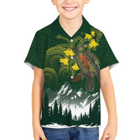 Kea Bird Kowhai New Zealand Family Matching Short Sleeve Bodycon Dress and Hawaiian Shirt Mountain Landscape Maori Art LT22 Son's Shirt Green - Polynesian Pride