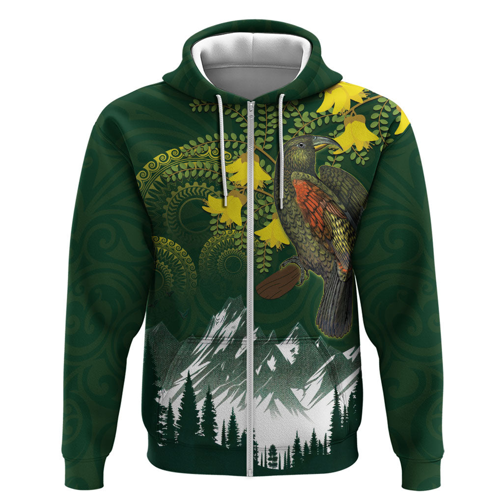 Kea Bird Kowhai New Zealand Hoodie Mountain Landscape Maori Art LT22 Zip Hoodie Green - Polynesian Pride