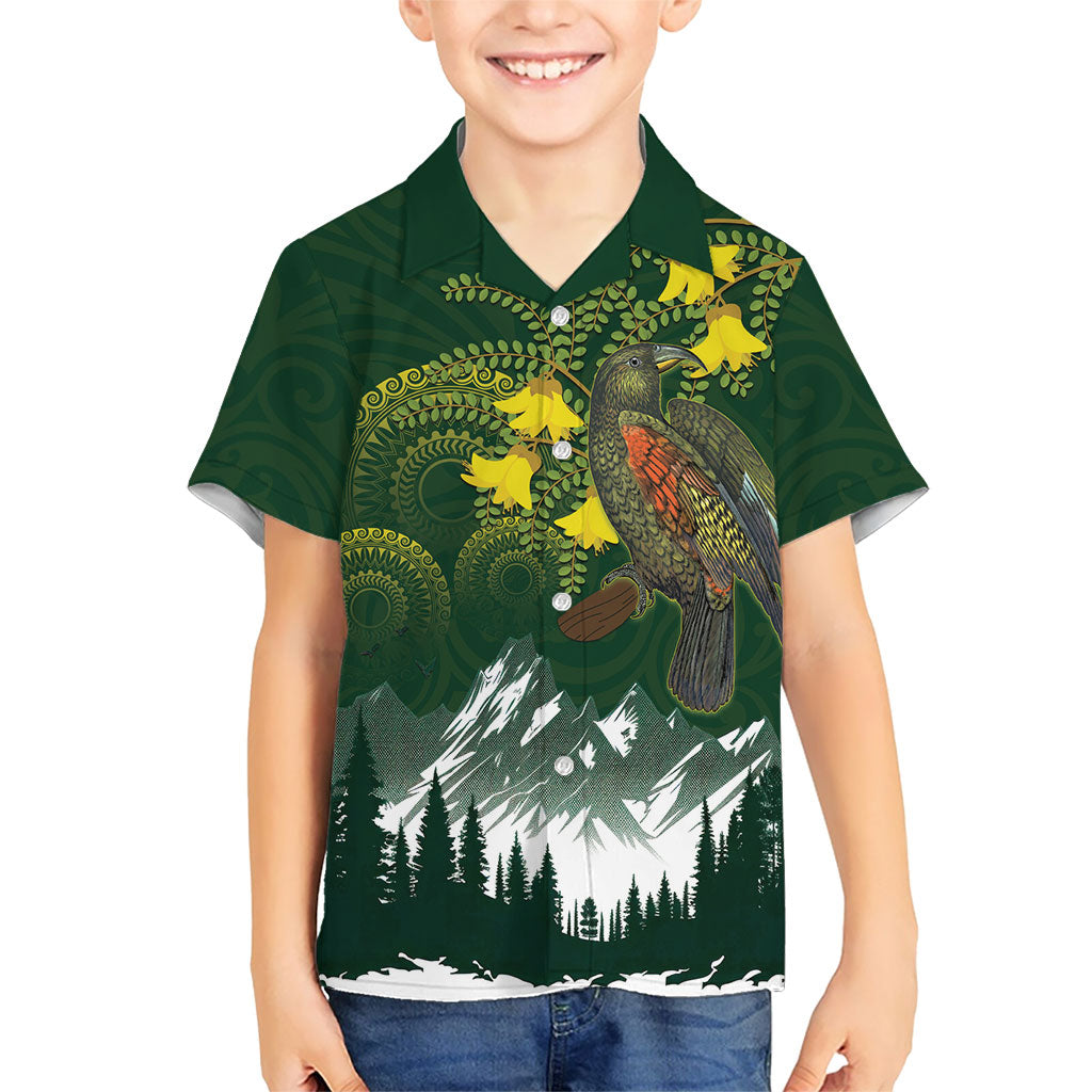 Kea Bird Kowhai New Zealand Kid Hawaiian Shirt Mountain Landscape Maori Art LT22 Kid Green - Polynesian Pride
