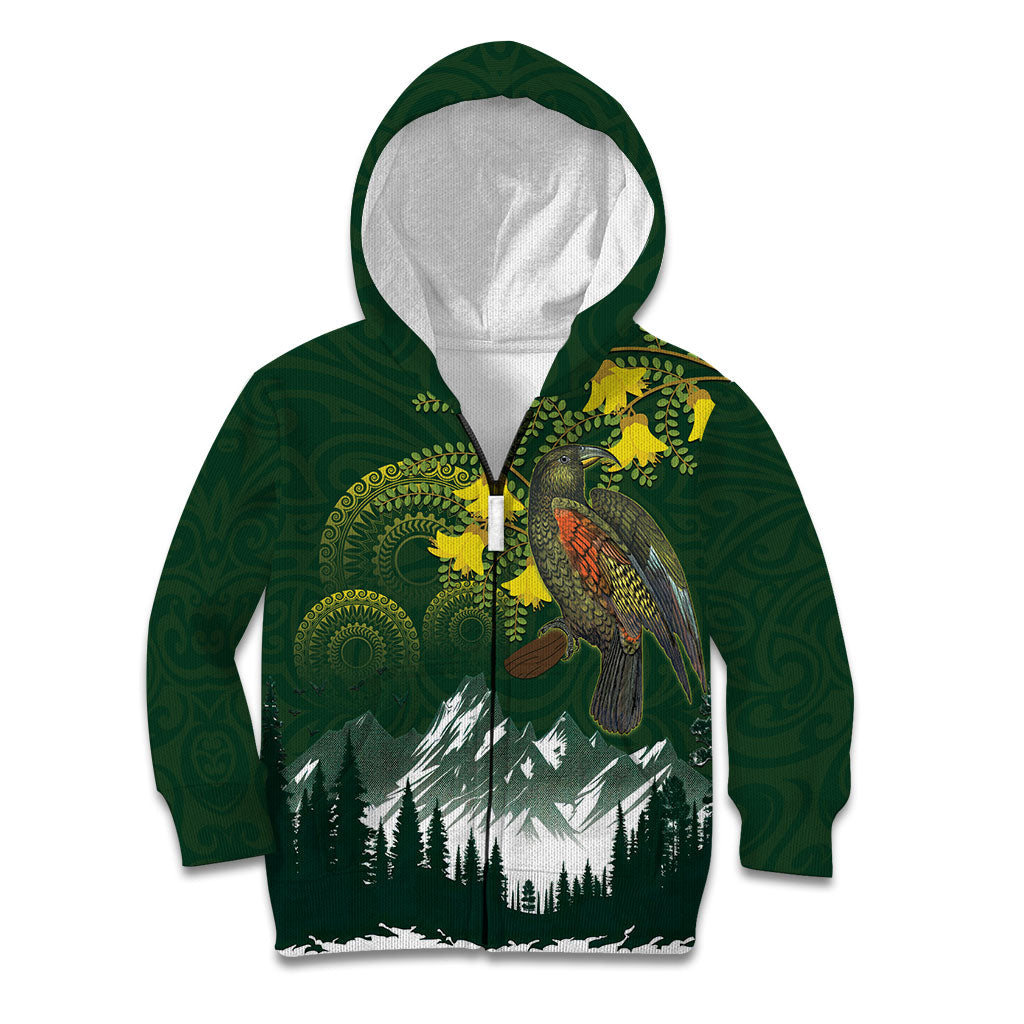 Kea Bird Kowhai New Zealand Kid Hoodie Mountain Landscape Maori Art LT22 Zip Hoodie Green - Polynesian Pride
