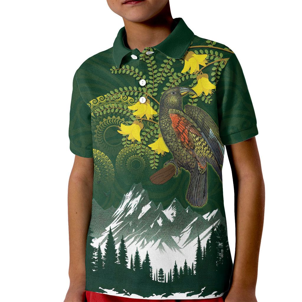 Kea Bird Kowhai New Zealand Kid Polo Shirt Mountain Landscape Maori Art LT22 Kid Green - Polynesian Pride