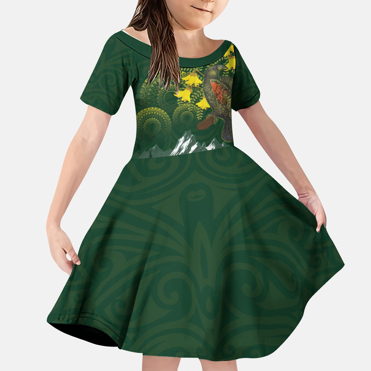 Kea Bird Kowhai New Zealand Kid Short Sleeve Dress Mountain Landscape Maori Art LT22 KID Green - Polynesian Pride
