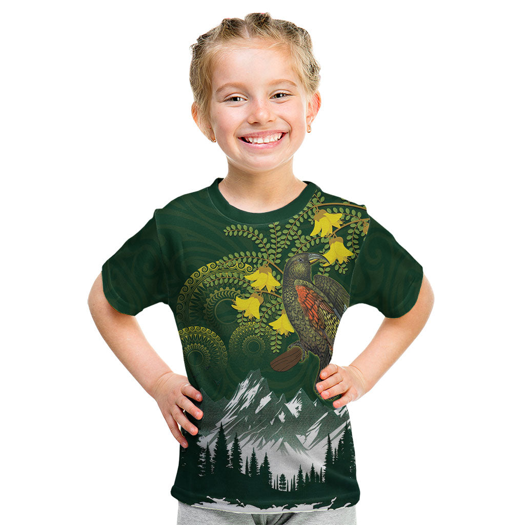 Kea Bird Kowhai New Zealand Kid T Shirt Mountain Landscape Maori Art LT22 Green - Polynesian Pride