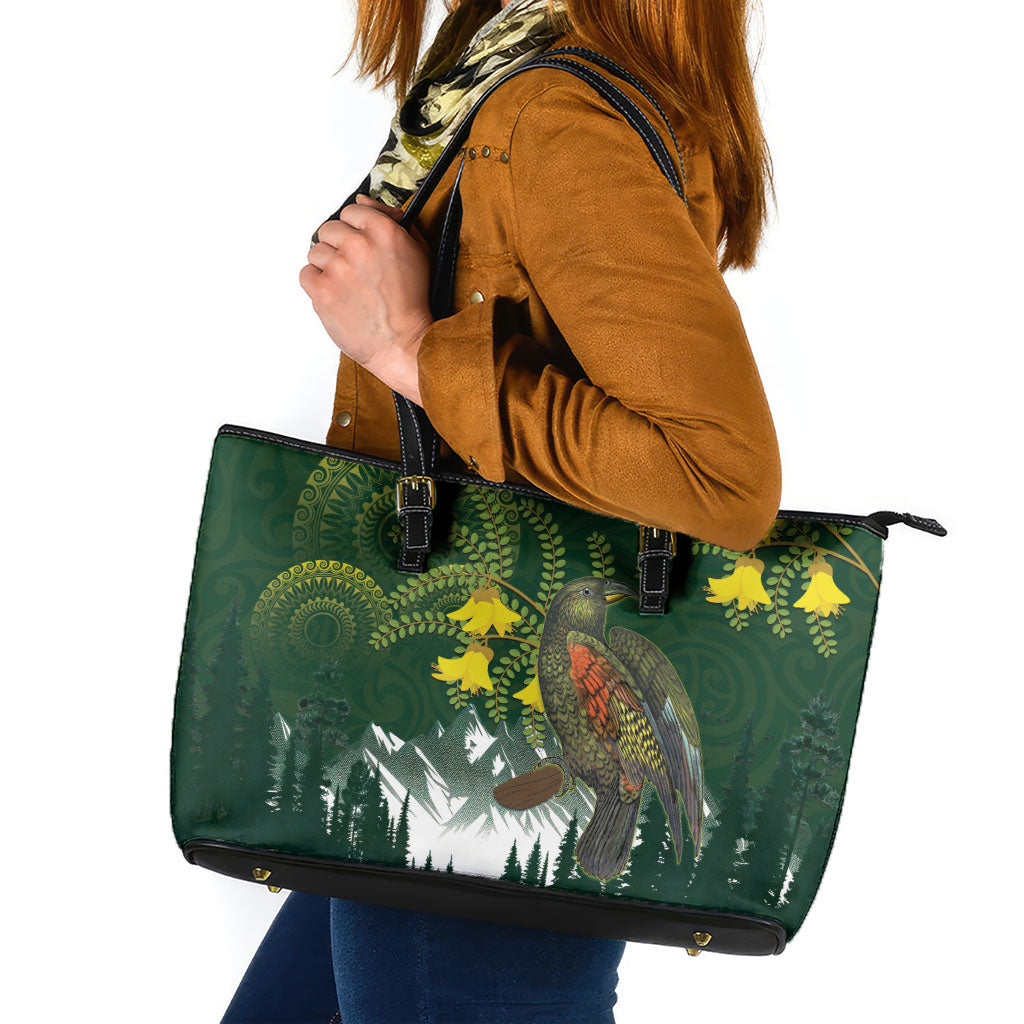 Kea Bird Kowhai New Zealand Leather Tote Bag Mountain Landscape Maori Art LT22 Green - Polynesian Pride
