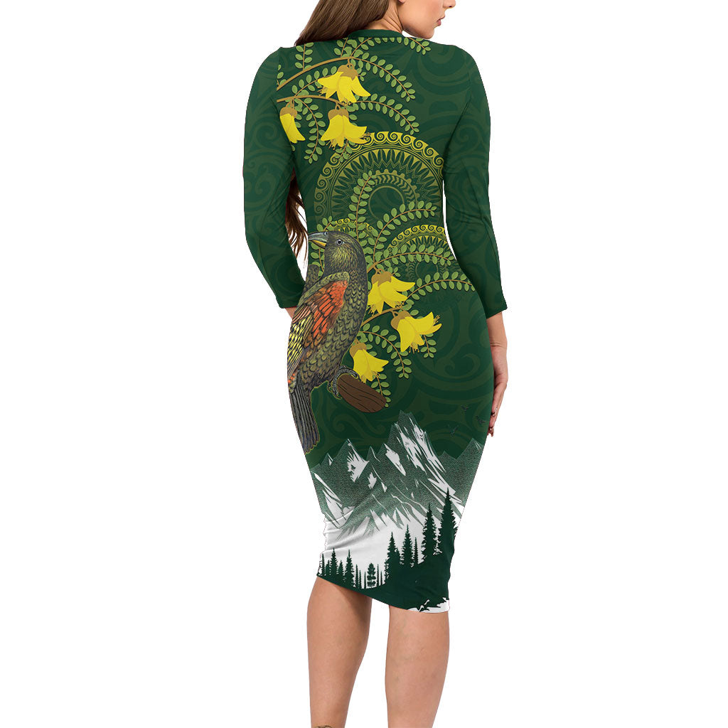 Kea Bird Kowhai New Zealand Long Sleeve Bodycon Dress Mountain Landscape Maori Art LT22 - Polynesian Pride