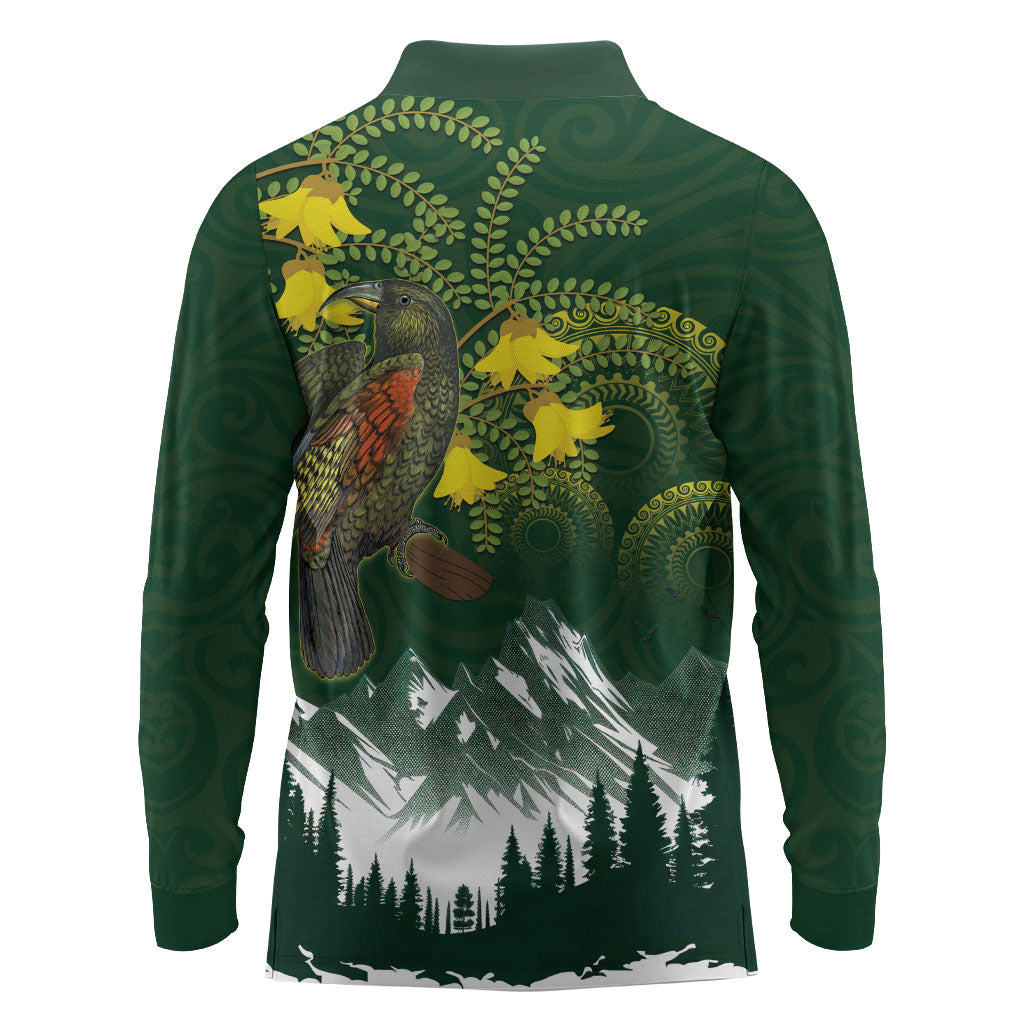 Kea Bird Kowhai New Zealand Long Sleeve Polo Shirt Mountain Landscape Maori Art LT22 - Polynesian Pride
