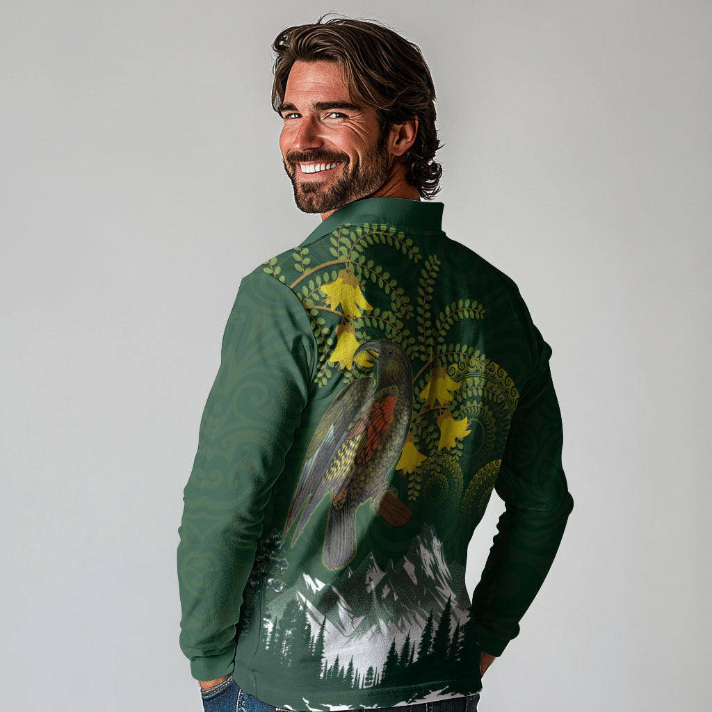 Kea Bird Kowhai New Zealand Long Sleeve Polo Shirt Mountain Landscape Maori Art LT22 - Polynesian Pride