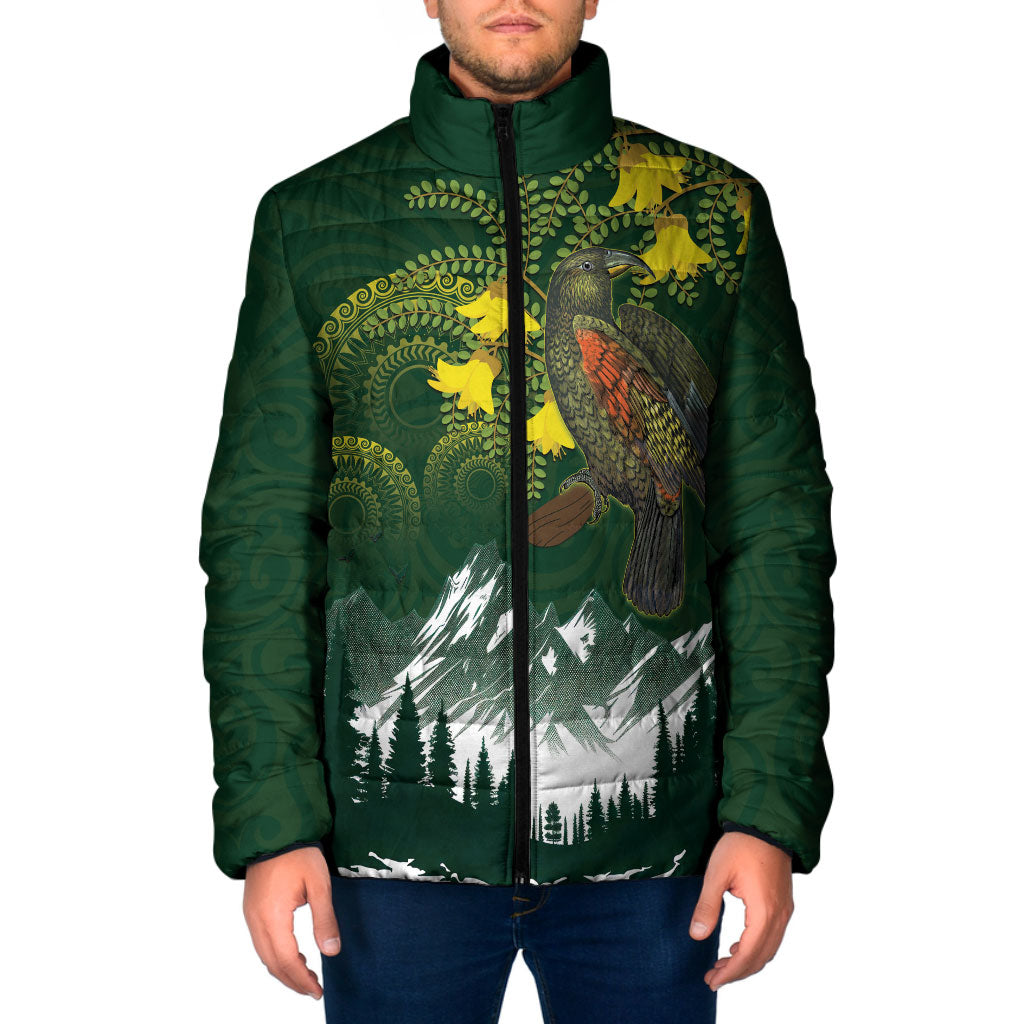 Kea Bird Kowhai New Zealand Padded Jacket Mountain Landscape Maori Art