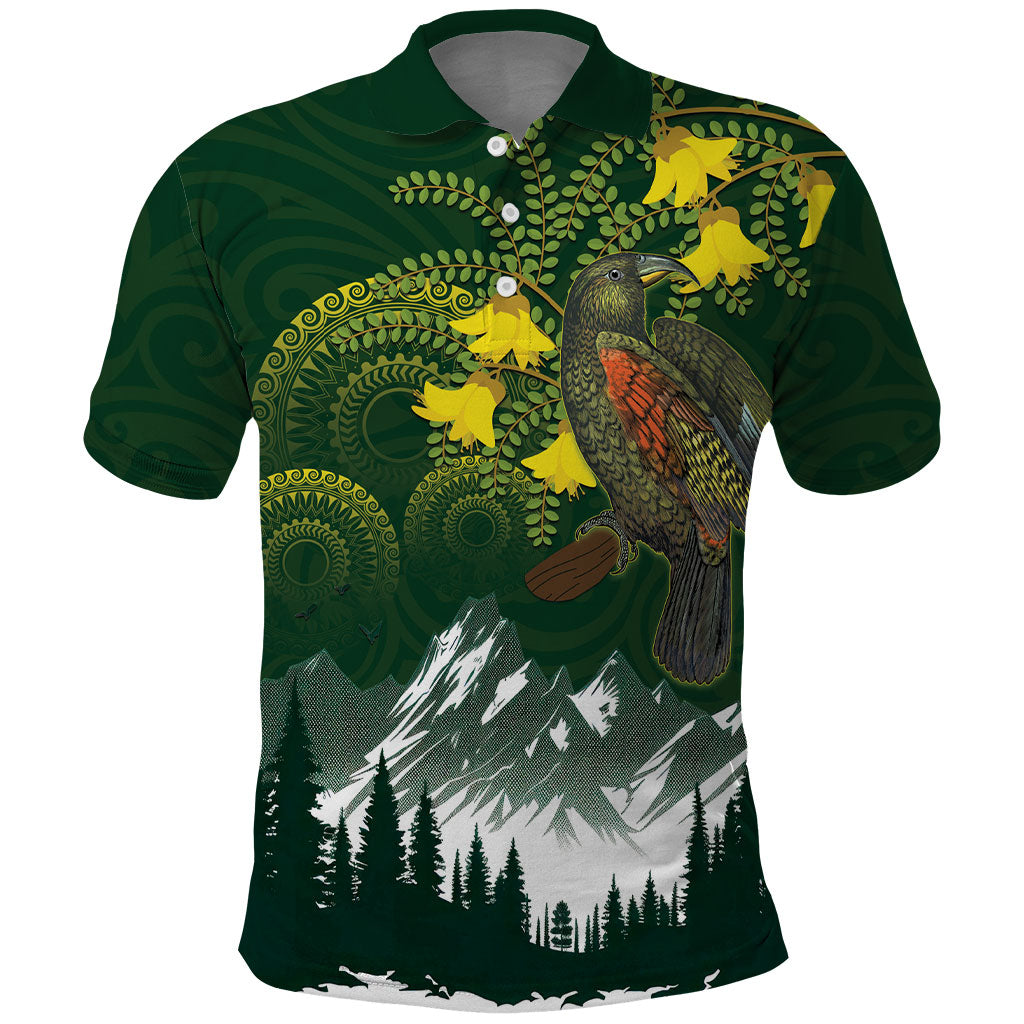 Kea Bird Kowhai New Zealand Polo Shirt Mountain Landscape Maori Art LT22 Green - Polynesian Pride