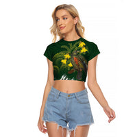 Kea Bird Kowhai New Zealand Raglan Cropped T Shirt Mountain Landscape Maori Art LT22 Female Green - Polynesian Pride