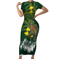Kea Bird Kowhai New Zealand Short Sleeve Bodycon Dress Mountain Landscape Maori Art LT22 Long Dress Green - Polynesian Pride
