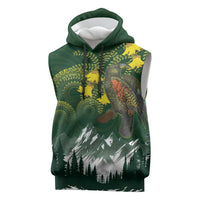 Kea Bird Kowhai New Zealand Sleeveless Hoodie Mountain Landscape Maori Art LT22 Green - Polynesian Pride