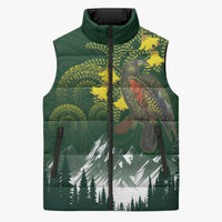 Kea Bird Kowhai New Zealand Sleeveless Puffer Jacket Mountain Landscape Maori Art