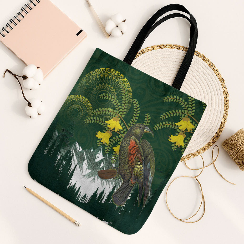 Kea Bird Kowhai New Zealand Tote Bag Mountain Landscape Maori Art LT22 Black Strap One Size Green - Polynesian Pride