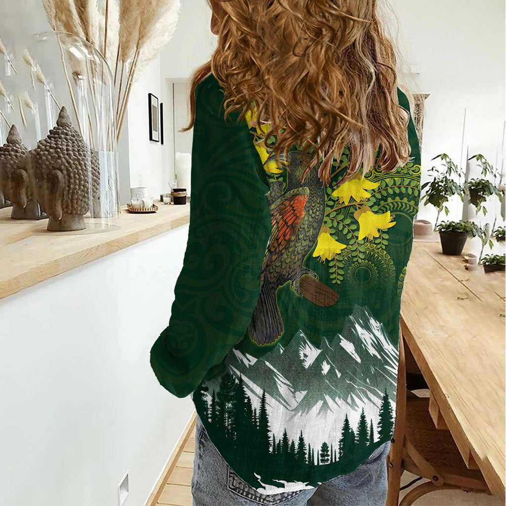 Kea Bird Kowhai New Zealand Women Casual Shirt Mountain Landscape Maori Art LT22 - Polynesian Pride