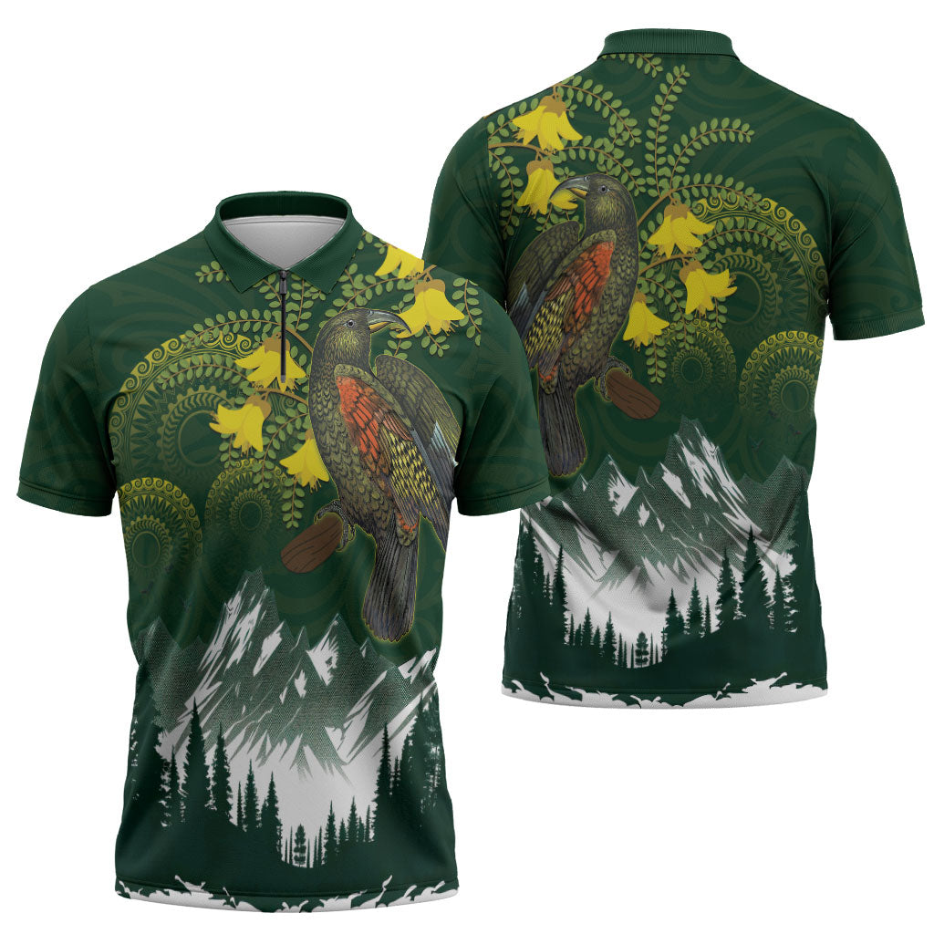 Kea Bird Kowhai New Zealand Zipper Polo Shirt Mountain Landscape Maori Art LT22 - Polynesian Pride