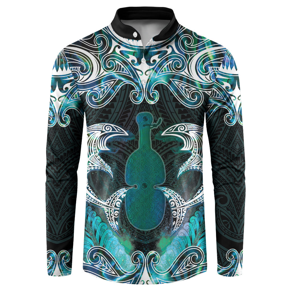 New Zealand Kotiate Weapon Button Sweatshirt Aotearoa Mango Paua Shell Maori Pattern LT22 Blue - Polynesian Pride