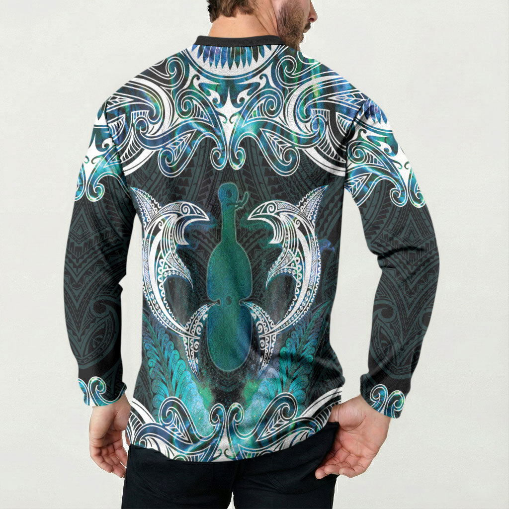New Zealand Kotiate Weapon Button Sweatshirt Aotearoa Mango Paua Shell Maori Pattern LT22 - Polynesian Pride