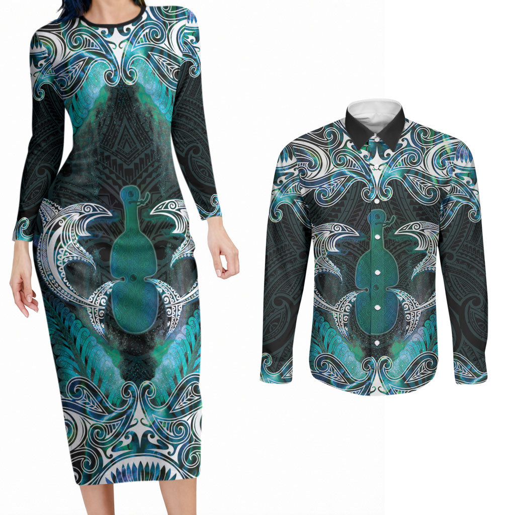 New Zealand Kotiate Weapon Couples Matching Long Sleeve Bodycon Dress and Long Sleeve Button Shirt Aotearoa Mango Paua Shell Maori Pattern LT22 Blue - Polynesian Pride