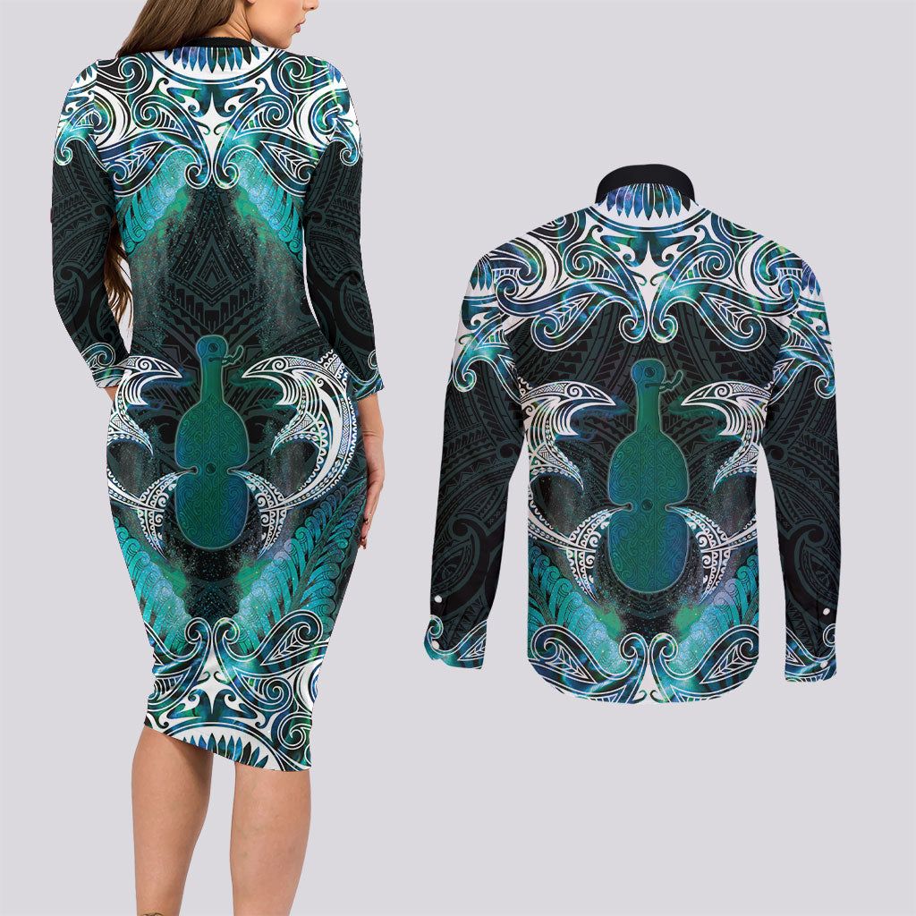 New Zealand Kotiate Weapon Couples Matching Long Sleeve Bodycon Dress and Long Sleeve Button Shirt Aotearoa Mango Paua Shell Maori Pattern LT22 - Polynesian Pride