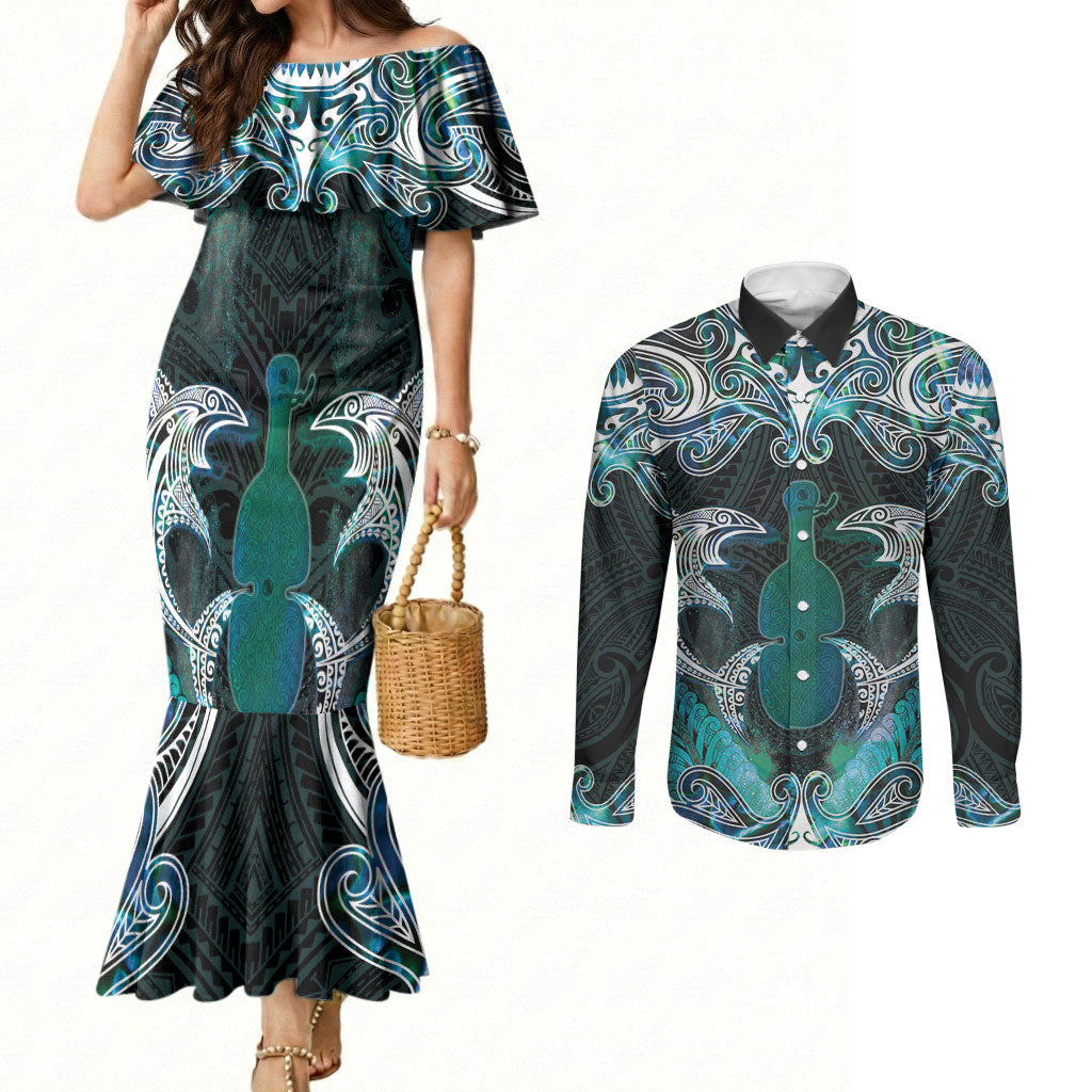 New Zealand Kotiate Weapon Couples Matching Mermaid Dress and Long Sleeve Button Shirt Aotearoa Mango Paua Shell Maori Pattern LT22 Blue - Polynesian Pride