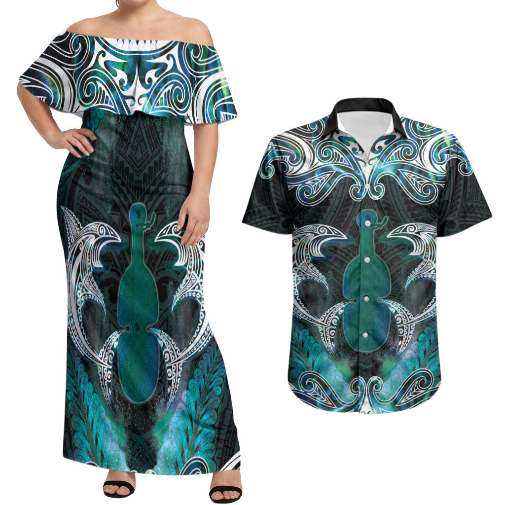 New Zealand Kotiate Weapon Couples Matching Off Shoulder Maxi Dress and Hawaiian Shirt Aotearoa Mango Paua Shell Maori Pattern LT22 Blue - Polynesian Pride