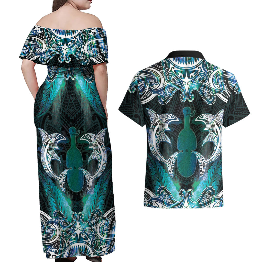 New Zealand Kotiate Weapon Couples Matching Off Shoulder Maxi Dress and Hawaiian Shirt Aotearoa Mango Paua Shell Maori Pattern LT22 - Polynesian Pride