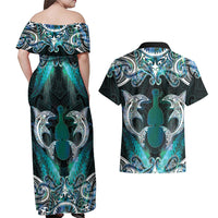 New Zealand Kotiate Weapon Couples Matching Off Shoulder Maxi Dress and Hawaiian Shirt Aotearoa Mango Paua Shell Maori Pattern LT22 - Polynesian Pride