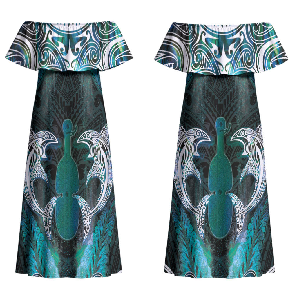 New Zealand Kotiate Weapon Couples Matching Off Shoulder Maxi Dress and Hawaiian Shirt Aotearoa Mango Paua Shell Maori Pattern LT22 - Polynesian Pride