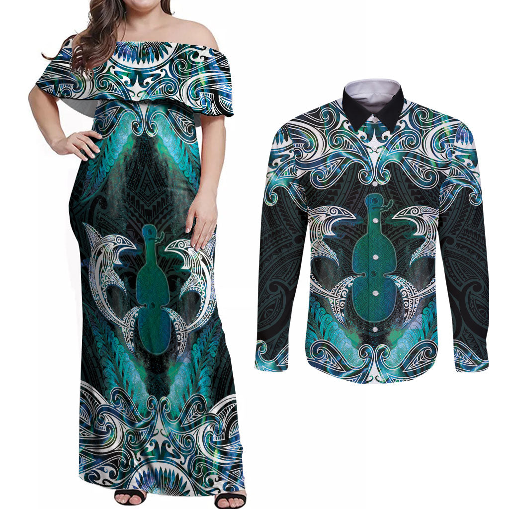 New Zealand Kotiate Weapon Couples Matching Off Shoulder Maxi Dress and Long Sleeve Button Shirt Aotearoa Mango Paua Shell Maori Pattern LT22 Blue - Polynesian Pride