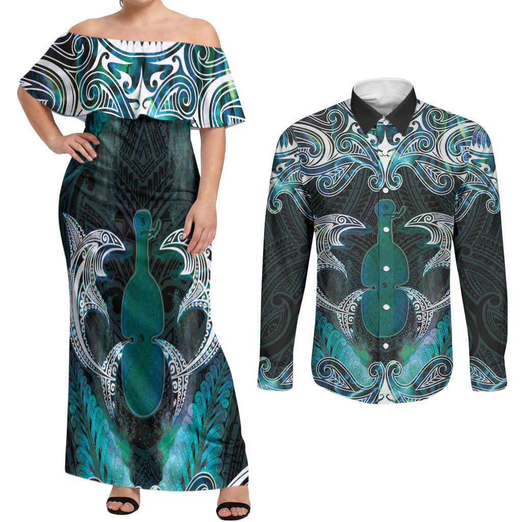 New Zealand Kotiate Weapon Couples Matching Off Shoulder Maxi Dress and Long Sleeve Button Shirt Aotearoa Mango Paua Shell Maori Pattern LT22 Blue - Polynesian Pride
