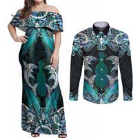 New Zealand Kotiate Weapon Couples Matching Off Shoulder Maxi Dress and Long Sleeve Button Shirt Aotearoa Mango Paua Shell Maori Pattern LT22 Blue - Polynesian Pride