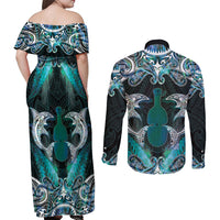 New Zealand Kotiate Weapon Couples Matching Off Shoulder Maxi Dress and Long Sleeve Button Shirt Aotearoa Mango Paua Shell Maori Pattern LT22 - Polynesian Pride