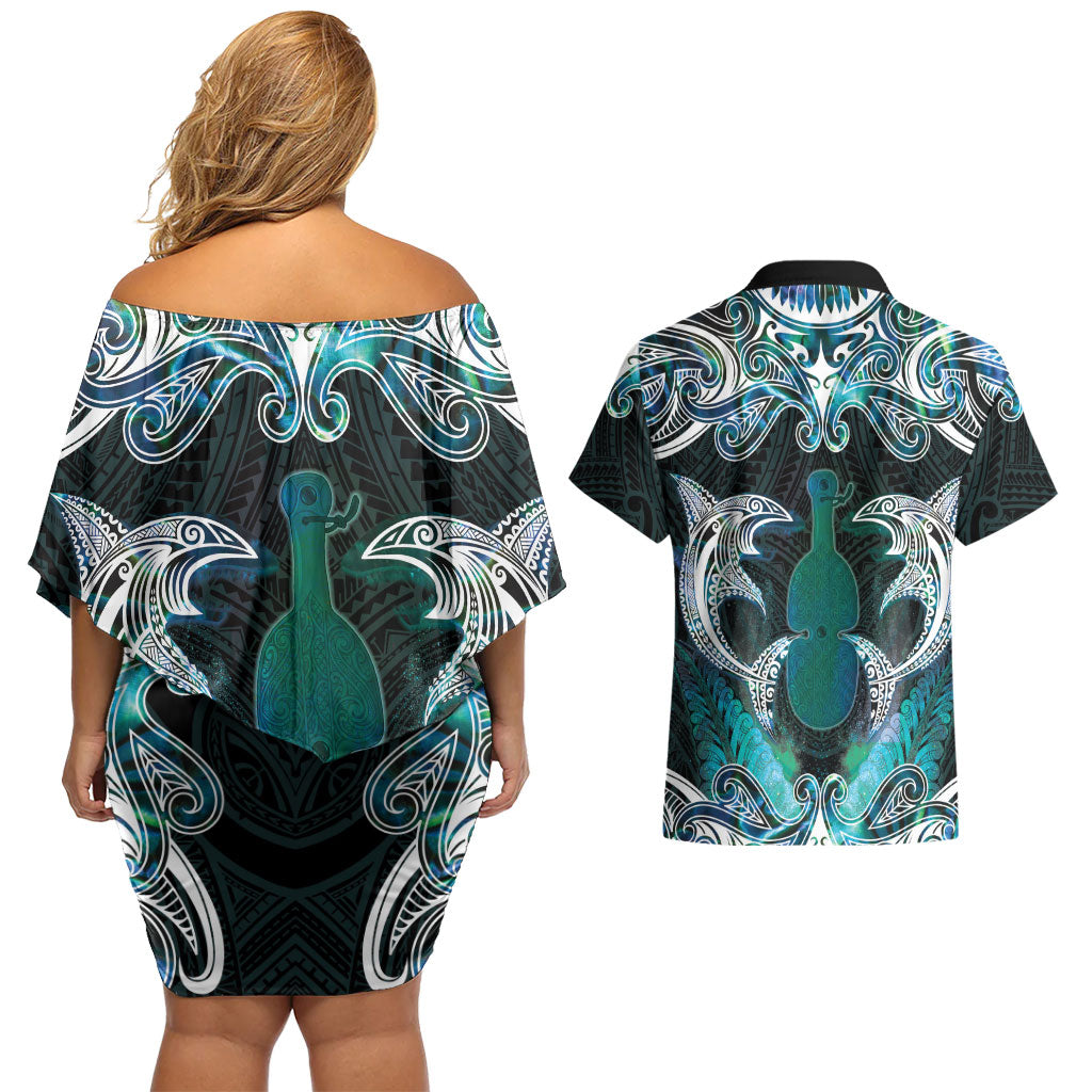 New Zealand Kotiate Weapon Couples Matching Off Shoulder Short Dress and Hawaiian Shirt Aotearoa Mango Paua Shell Maori Pattern LT22 - Polynesian Pride